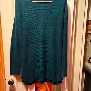 Ellen Tracy Deep Teal/black ribbed V-Neck Sweater size L cotton blend